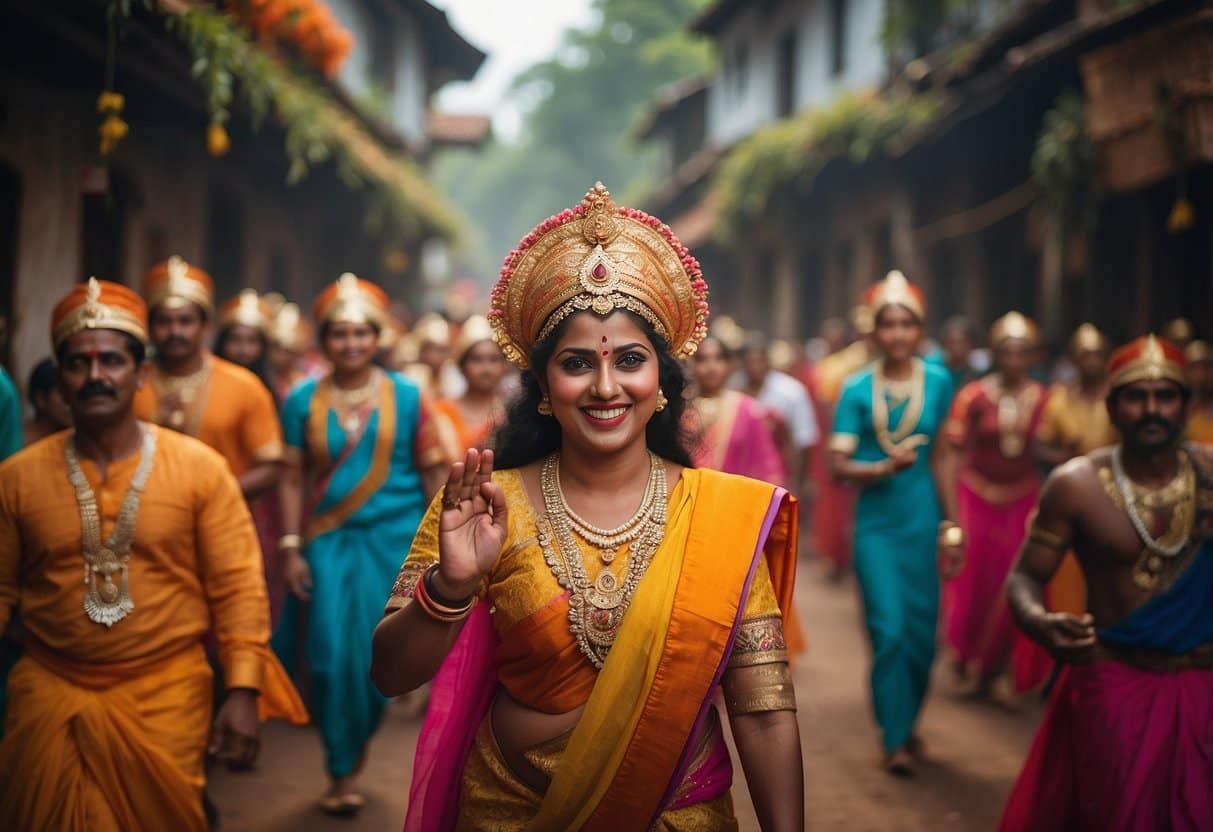 A vibrant festival procession winds through the narrow streets of a historic Goan village, with colorful costumes, traditional music, and ornate floats