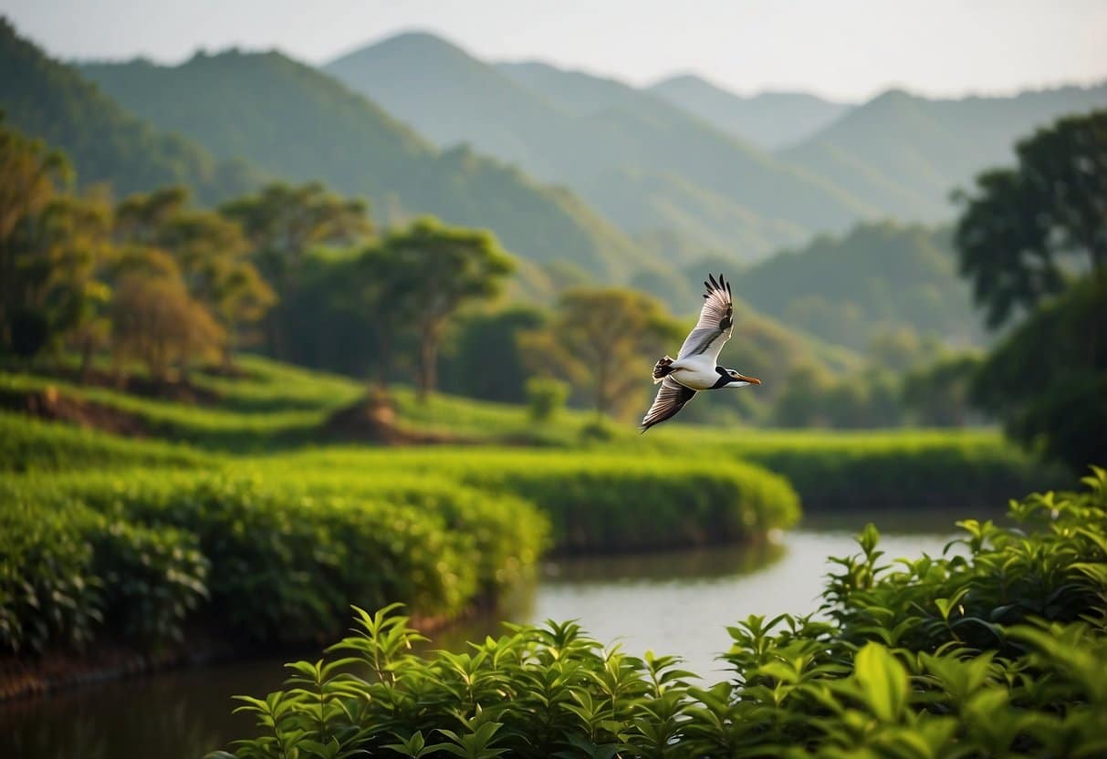 A lush green landscape with rolling hills, a serene lake, and colorful birds flying overhead, capturing the natural beauty of Gavi in Kerala, India
